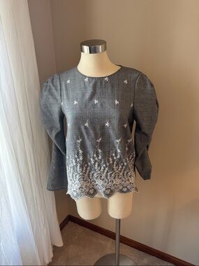 Zara Gray Embroidered Lace-Hem Women's Top